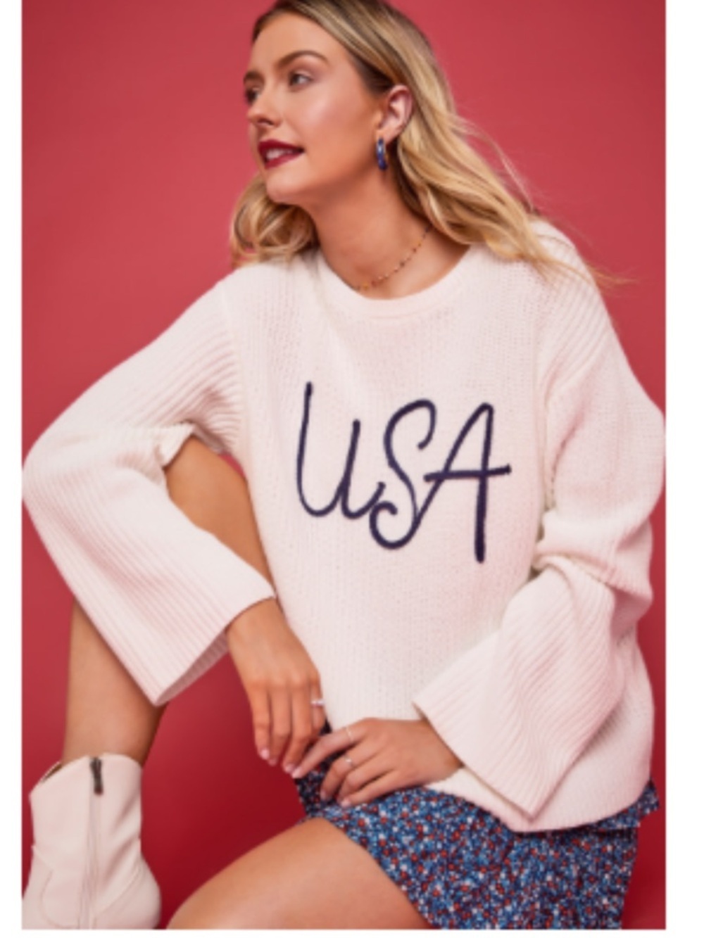 USA Stitch Oversized Pullover Chunky Knit Sweater Bell Sleeves Size XL America!